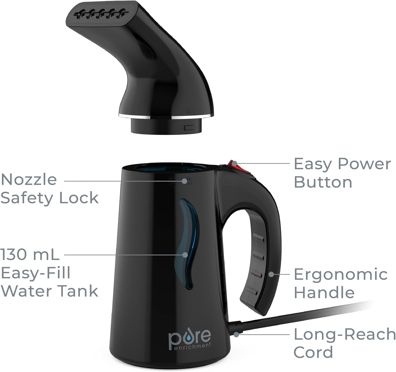 Pure Enrichment PureSteam Portable Fabric Steamer - Handheld Travel Garment Steamer Removes Wrinkles & is Safe on All Fabrics - Fast-Heating, Lightweight, Auto Safety Shut-Off, & Long Cord (Black)