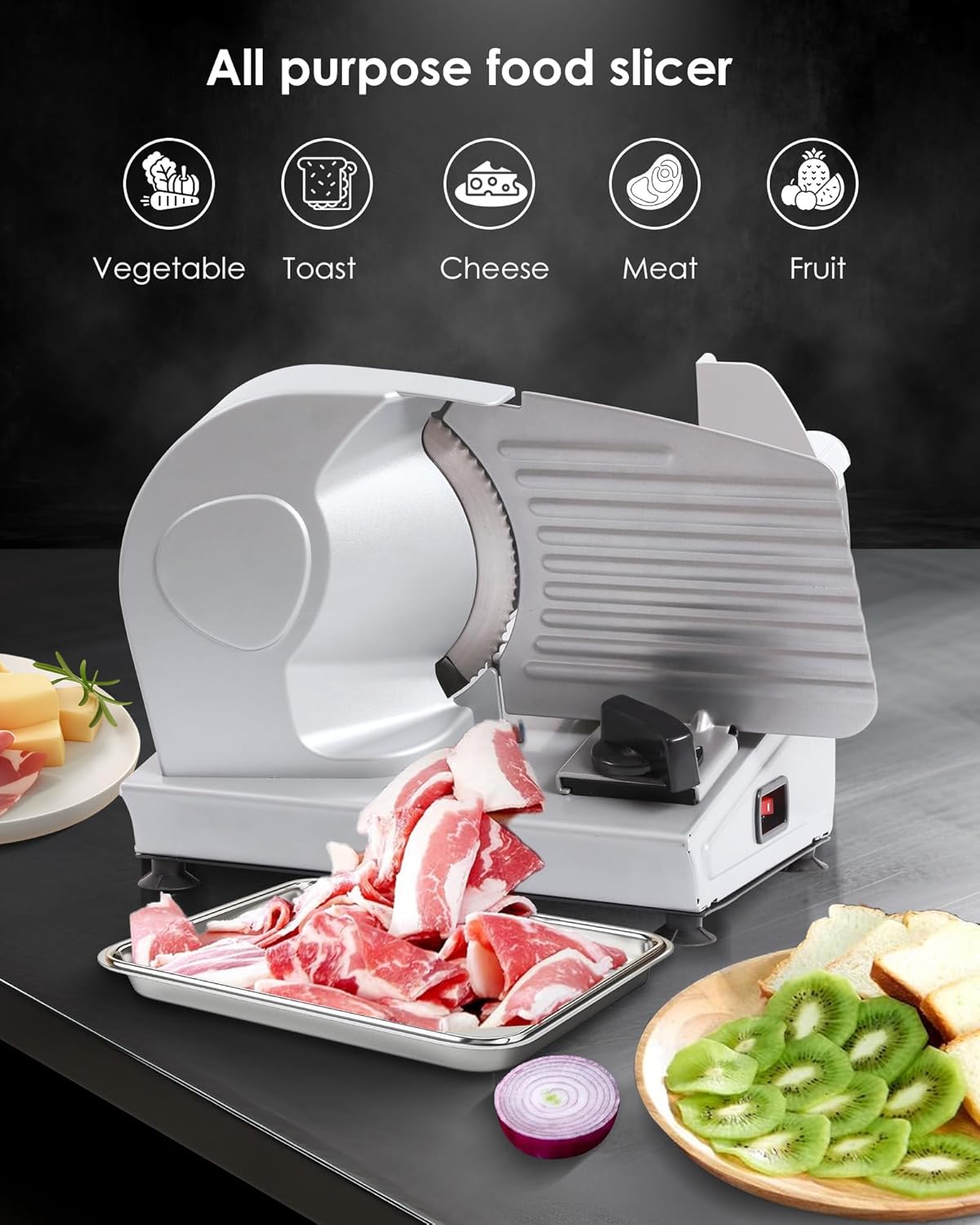 Valley Sportsman Meat Slicer Machine for Home - Electric Deli Meat Slicer with 7.5" Stainless Steel Blade, Adjustable Thickness Food Slicer Cuts Meat, Bread, Cheese, Easy to Clean, Black