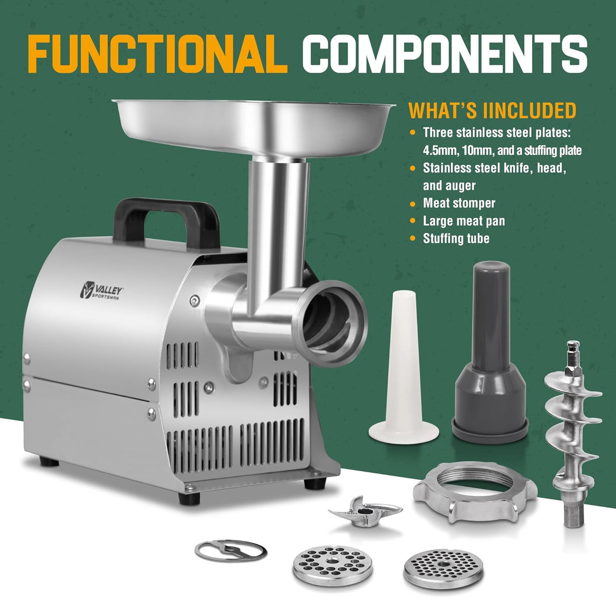 Valley Sportsman #8 Stainless Steel Electric Meat Grinder, 0.4 HP 300W, Copper Motor, Heavy Duty Industrial Meat Grinder, Ideal for Commercial and Regular Use