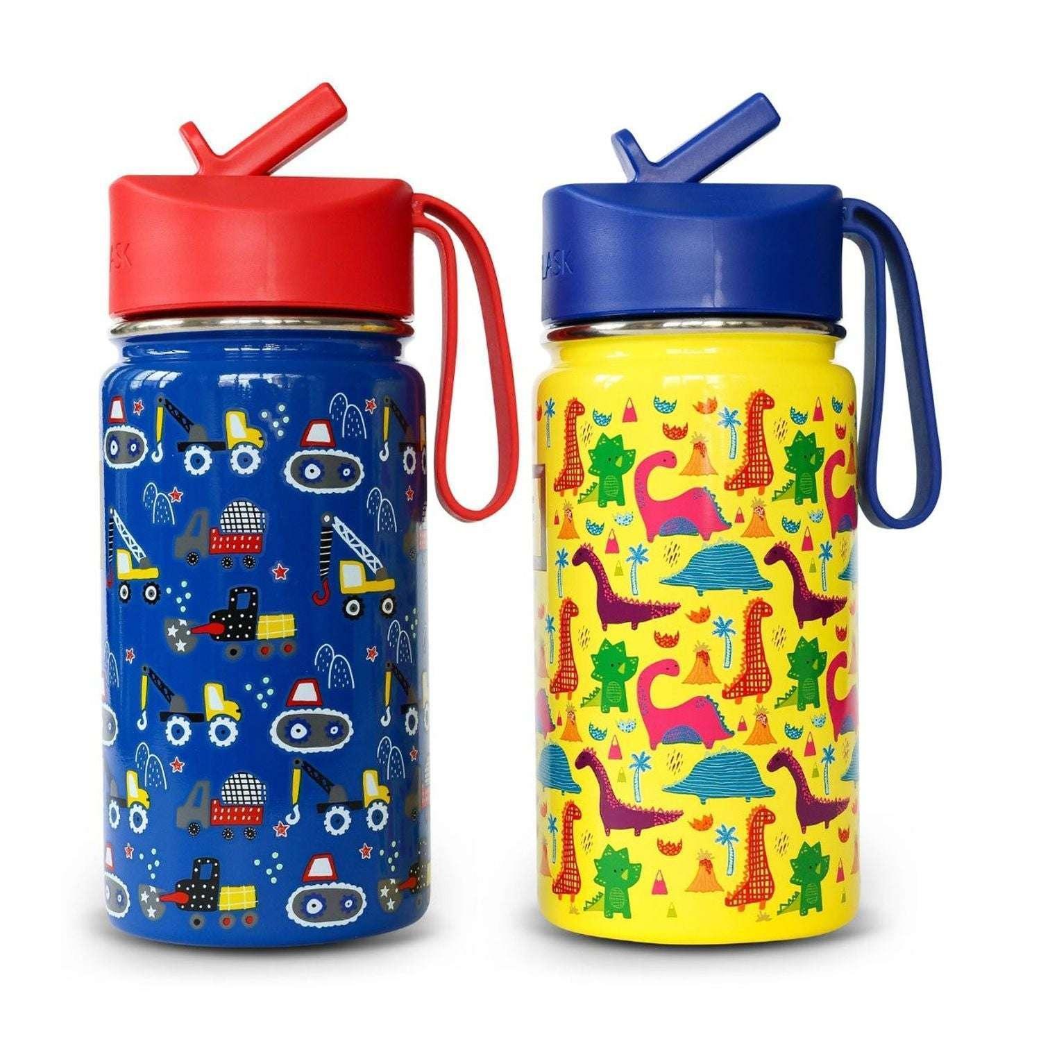 Iron Flask Kids 14-oz Steel Insulated Water Bottles, 2 Pack, Construction Zone & Dino Mates