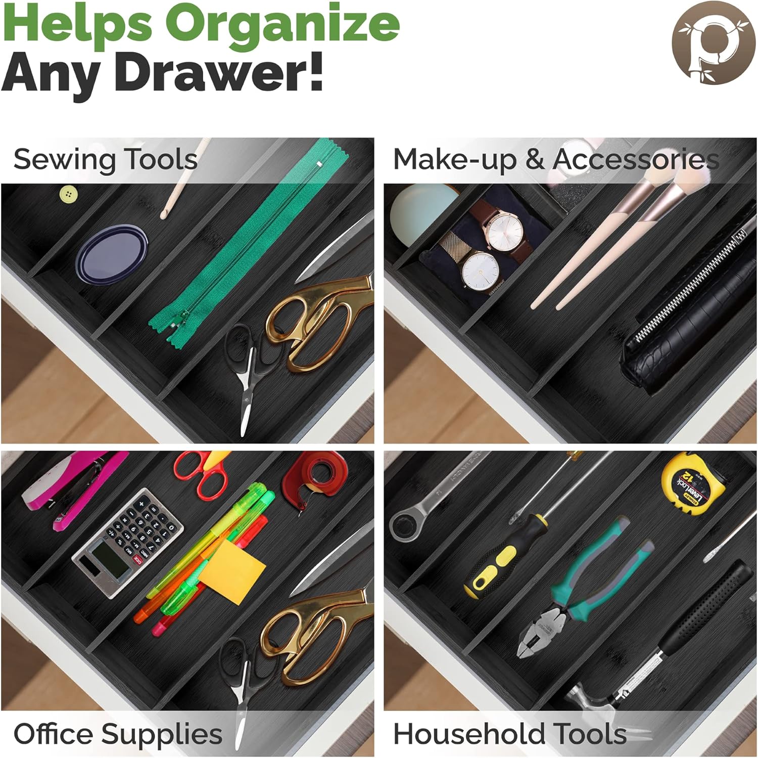 Pristine Bamboo Silverware Organizer - Kitchen Drawer Organizer and Kitchenware Organizer - Cutlery Tray - Cutlery, Utensil and Silverware Holder - Silverware Drawer Drawer (5-Slots, Black)
