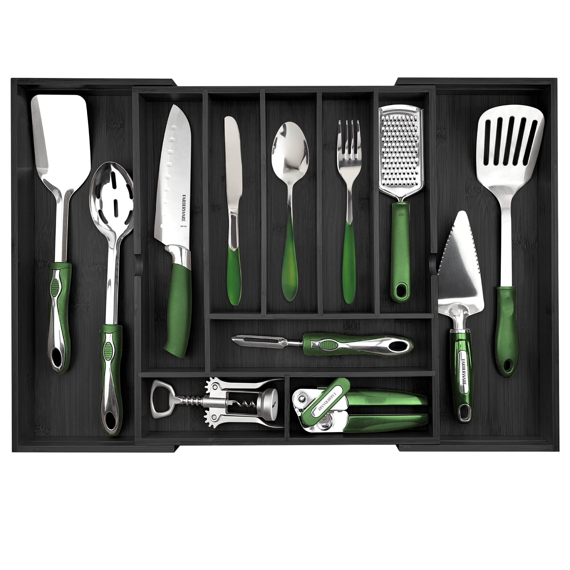 Pristine Bamboo Silverware Organizer - Expandable Kitchen Drawer Organizer - Adjustable Kitchen Drawer Organizer for Utensils, Expandable to 25 Inches Wide, 10 Slots - Black