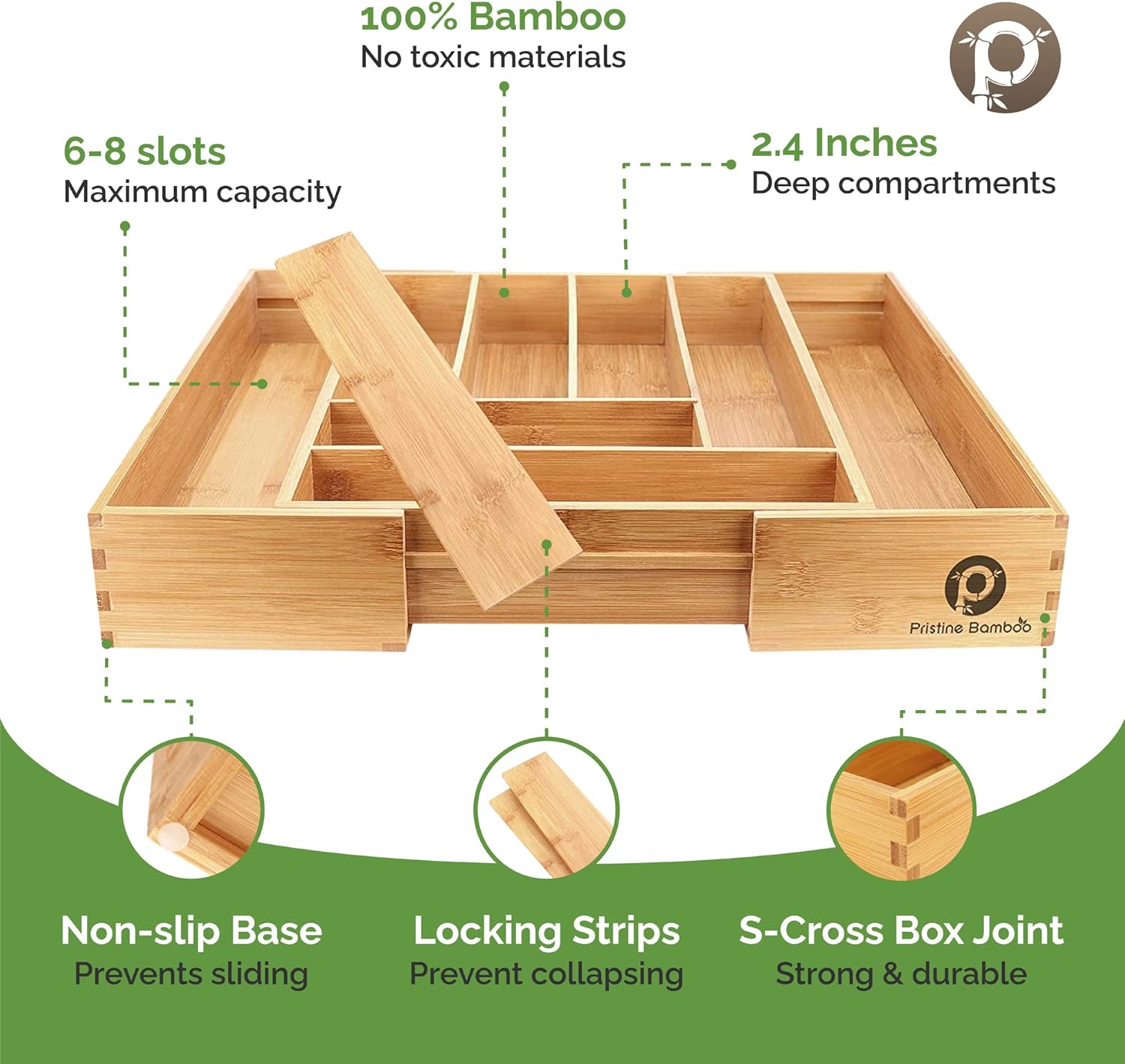 Pristine Bamboo Silverware Tray for Drawer Organizer, Kitchen Drawer Organizer, Cutlery Organizer in Drawer, Flatware Silverware Holder, Expandable Adjustable Wooden Dividers, Natural, 8-Slots