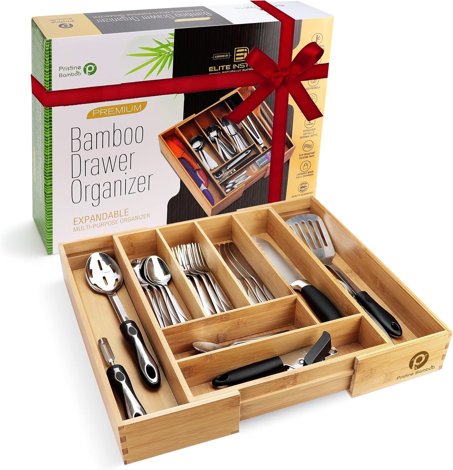 Pristine Bamboo Silverware Tray for Drawer Organizer, Kitchen Drawer Organizer, Cutlery Organizer in Drawer, Flatware Silverware Holder, Expandable Adjustable Wooden Dividers, Natural, 8-Slots