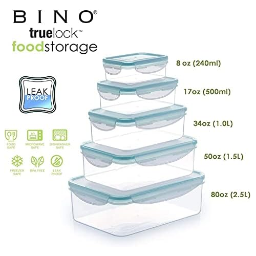 BINO TRUELOCK 10-Piece Rectangular Leak-Proof Plastic Snap Lock Food Storage Container Set with Lids