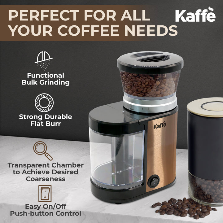 Kaffe Electric Burr Coffee Grinder (5.5oz) w/Adjustable Coarseness Settings - Flat Burr - Precision Coffee Bean Grinder for Home Use - Copper