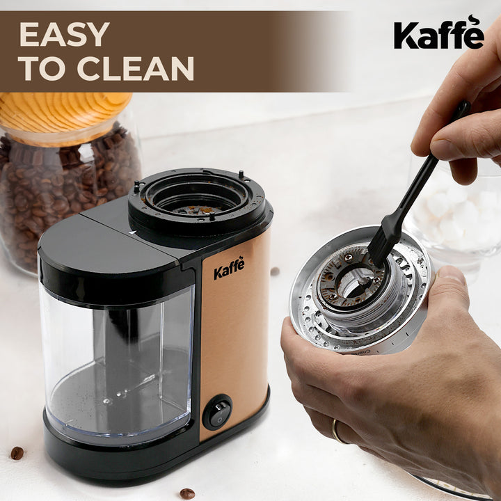 Kaffe Electric Burr Coffee Grinder (5.5oz) w/Adjustable Coarseness Settings - Flat Burr - Precision Coffee Bean Grinder for Home Use - Copper
