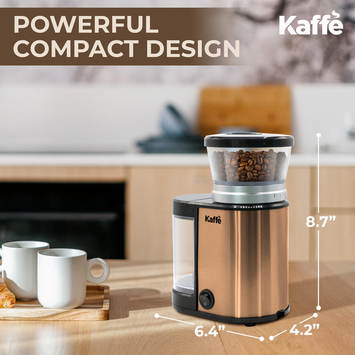 Kaffe Electric Burr Coffee Grinder (5.5oz) w/Adjustable Coarseness Settings - Flat Burr - Precision Coffee Bean Grinder for Home Use - Copper
