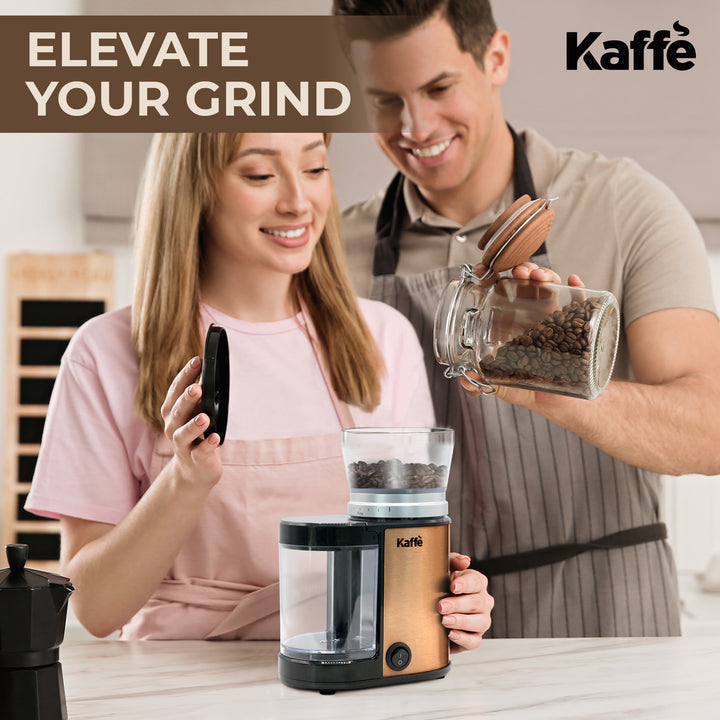 Kaffe Electric Burr Coffee Grinder (5.5oz) w/Adjustable Coarseness Settings - Flat Burr - Precision Coffee Bean Grinder for Home Use - Copper