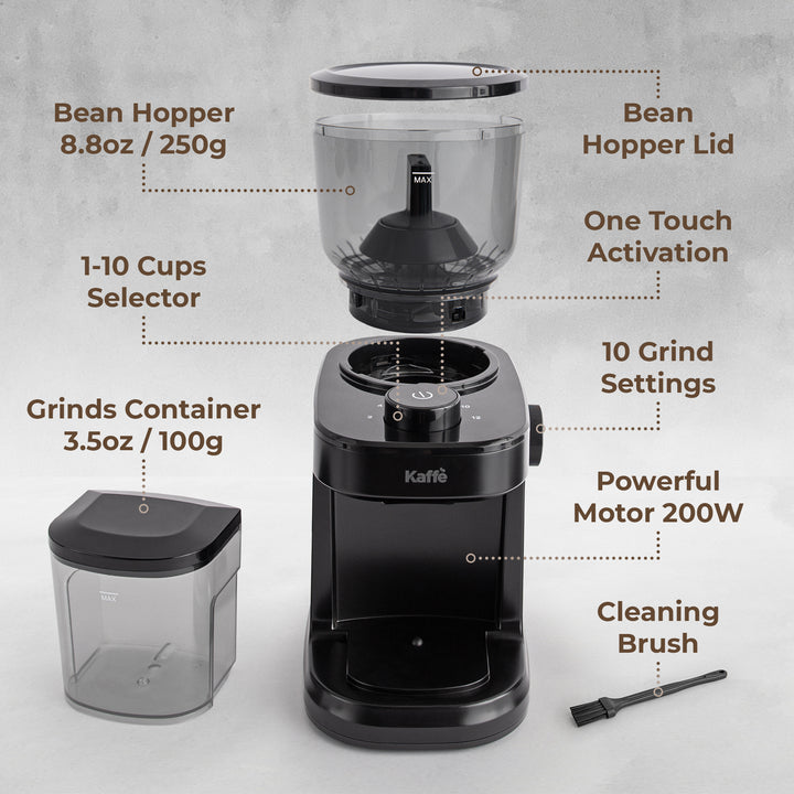 Kaff Electric Burr Coffee Grinder (5.5oz) w/Adjustable Coarseness Settings - Flat Burr - Precision Coffee Bean Grinder for Home Use - Black