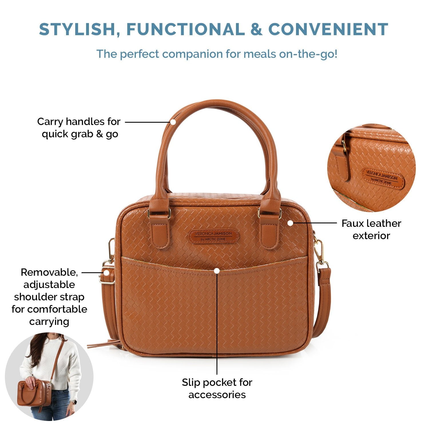 Veronica Jamison Hampton Faux Leather Lunch Tote by Arctic Zone, Lunch Bag with Food Storage & Ice Pack