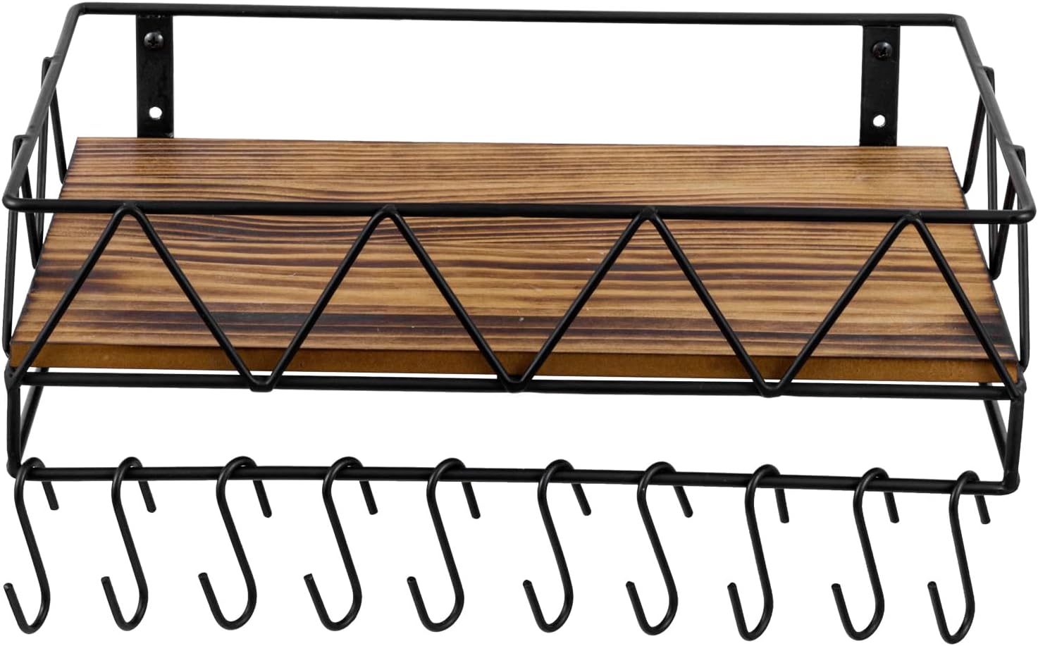 MyGift Hat Rack Wall Mounted, Baseball Caps Holder Organizer, Cowboy Hat Storage Shelf with 10 Removable Hanger Hooks, Rustic Burnt Solid Wood and Matte Black Metal, Entryway Bedroom