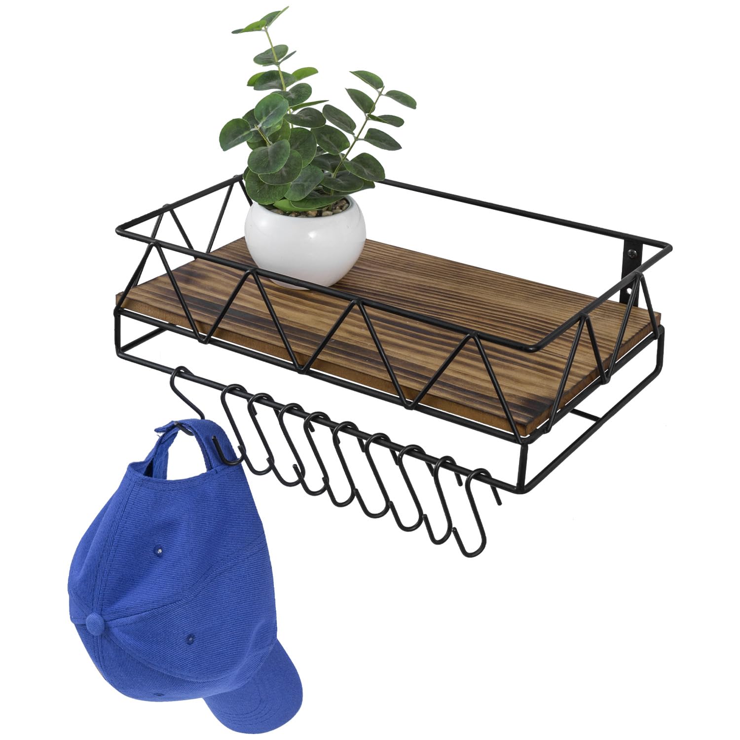 MyGift Hat Rack Wall Mounted, Baseball Caps Holder Organizer, Cowboy Hat Storage Shelf with 10 Removable Hanger Hooks, Rustic Burnt Solid Wood and Matte Black Metal, Entryway Bedroom