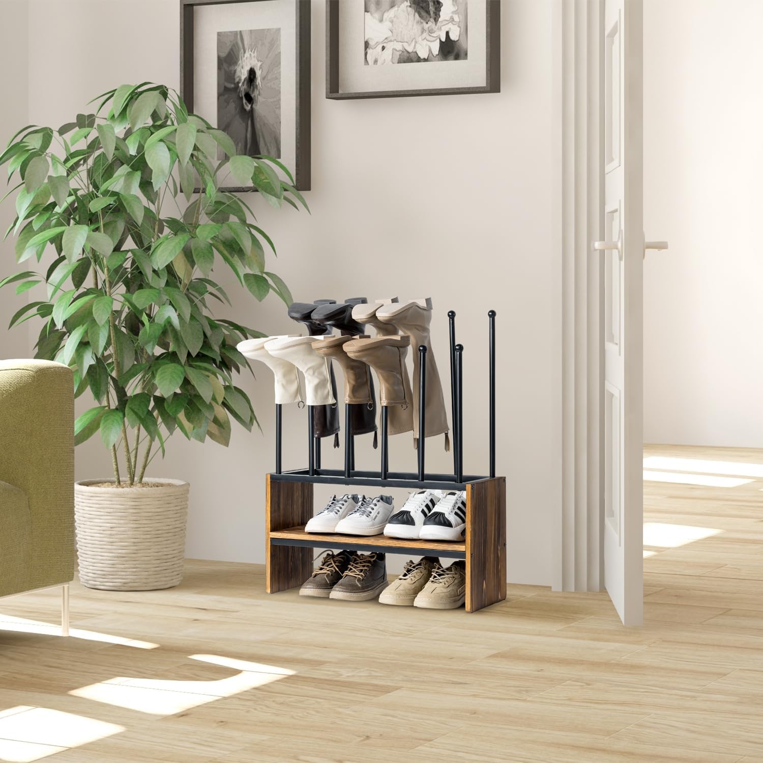 MyGift 2-Tier Boot and Shoe Rack, Urban Industrial Style Burnt Solid Wood and Matte Black Metal Freestanding Boots Holder Entryway Storage Organizer Bench
