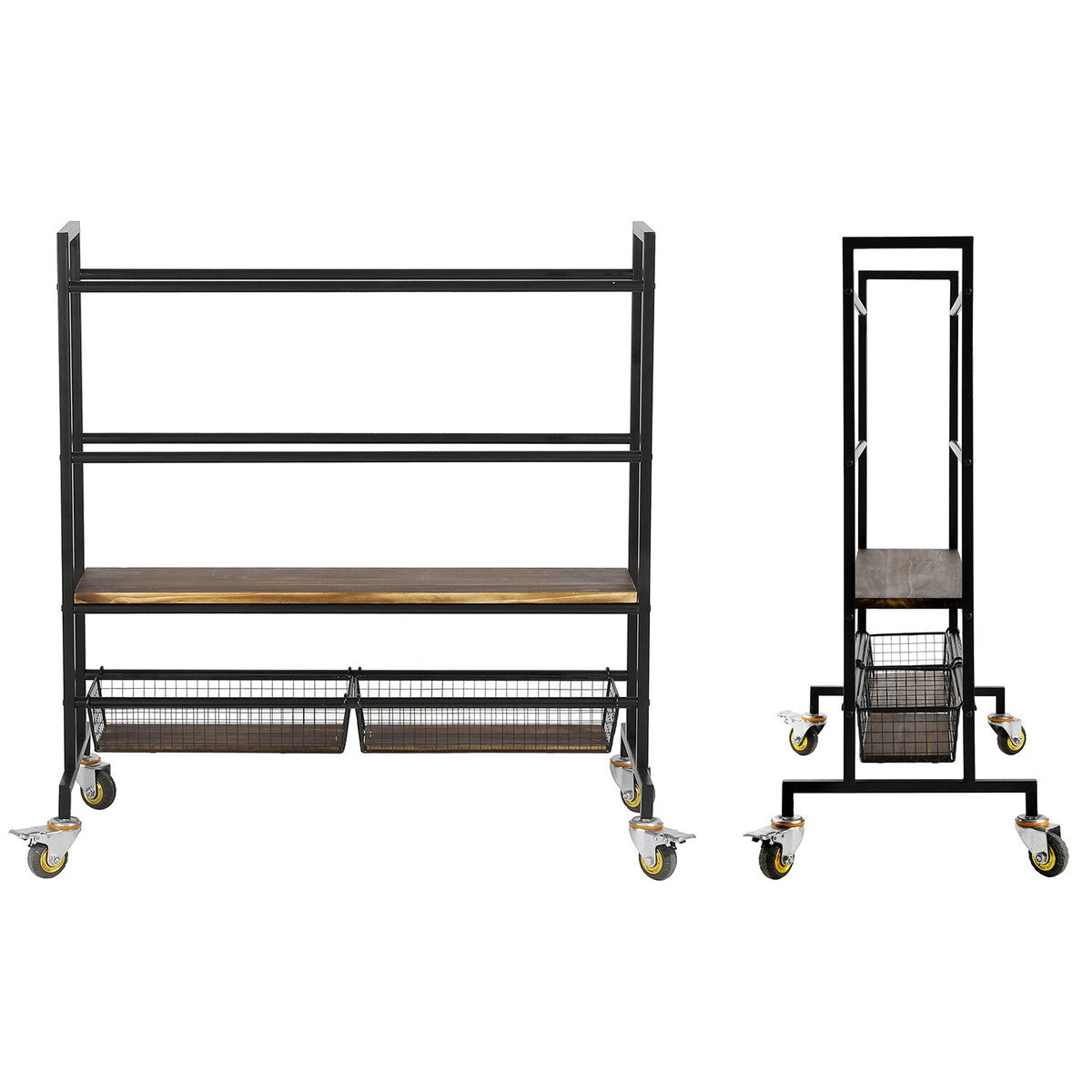 MyGift 4-Tier Heavy Duty Sports Equipment Rolling Rack. This versatile black metal and burnt wood storage cart features ball racks, wire baskets for accessories, and a solid wood shelf for shoes or water bottles.