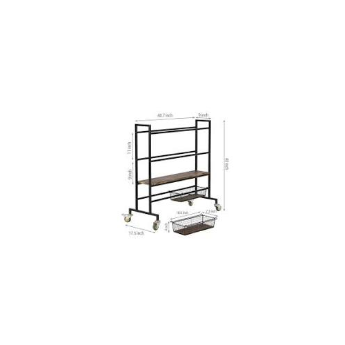MyGift 4-Tier Heavy Duty Sports Equipment Rolling Rack. This versatile black metal and burnt wood storage cart features ball racks, wire baskets for accessories, and a solid wood shelf for shoes or water bottles.