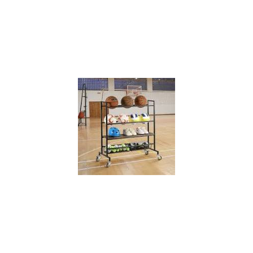 MyGift 4-Tier Heavy Duty Sports Equipment Rolling Rack. This versatile black metal and burnt wood storage cart features ball racks, wire baskets for accessories, and a solid wood shelf for shoes or water bottles.