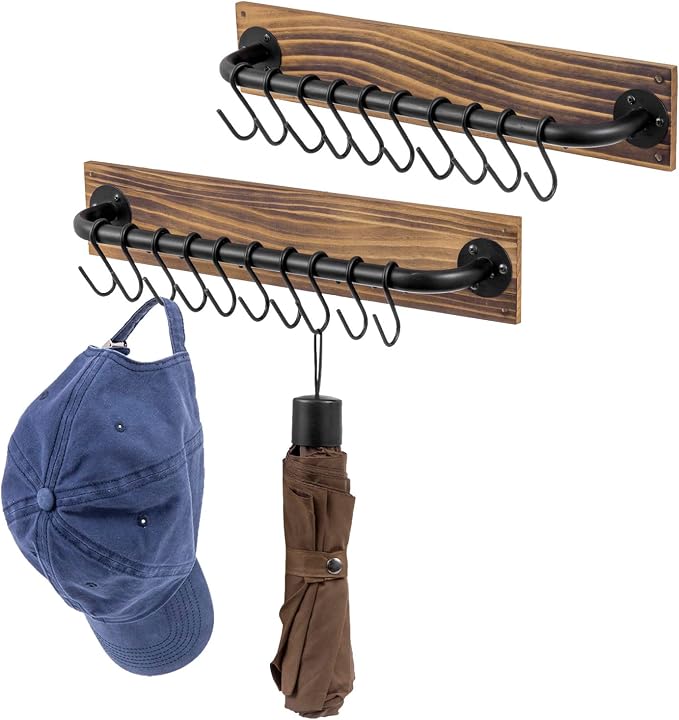 MyGift Hat Rack for Baseball Cap Hanger with 10 Hooks, Deluxe Urban Industrial Burnt Solid Wood and Matte Black Metal Pipe Wall Mounted Cap Holder Organizer Hat Display Rack, Set of 2