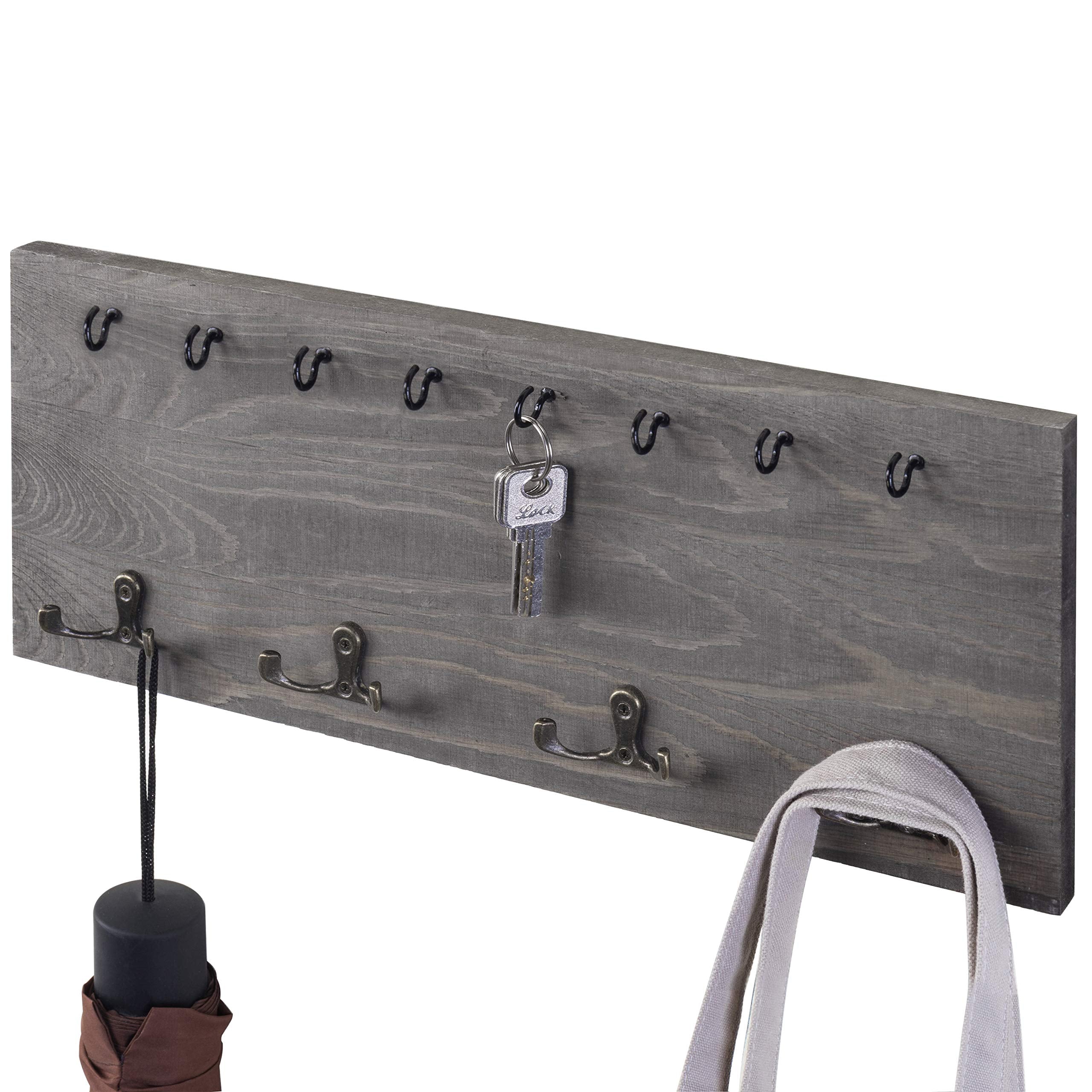 MyGift Wall Mounted Key Hooks Wooden Key Rack Organizer in Vintage Gray Finish, Entryway Hanging Key Holder with 8 Keychain Hooks and 4 Dual-Hooks