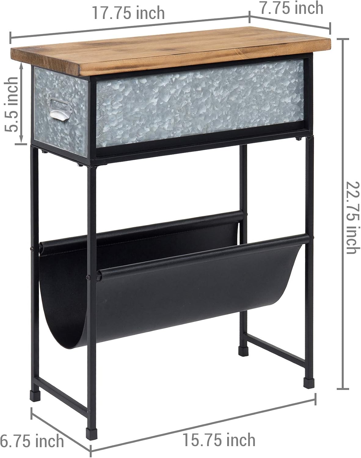 MyGift Rustic Solid Wood and Metal Narrow Small End Table, Side Table, Night Stand, Bedside Table with Silver Galvanized Drawer and Leatherette Sling Magazine Holder