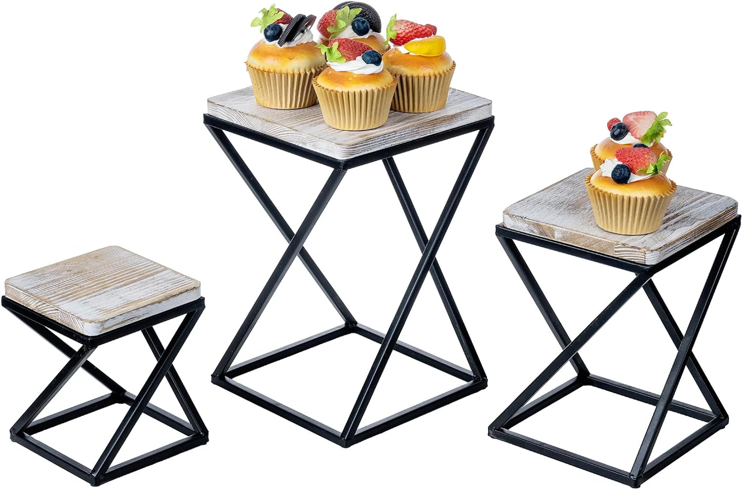 MyGift Shabby White Washed Solid Wood Square Tiered Food Display Table Risers with Twisting Black Metal Base, Wooden Nesting Dessert Holder Cupcake Tray Cake Stand, 3 Piece Set