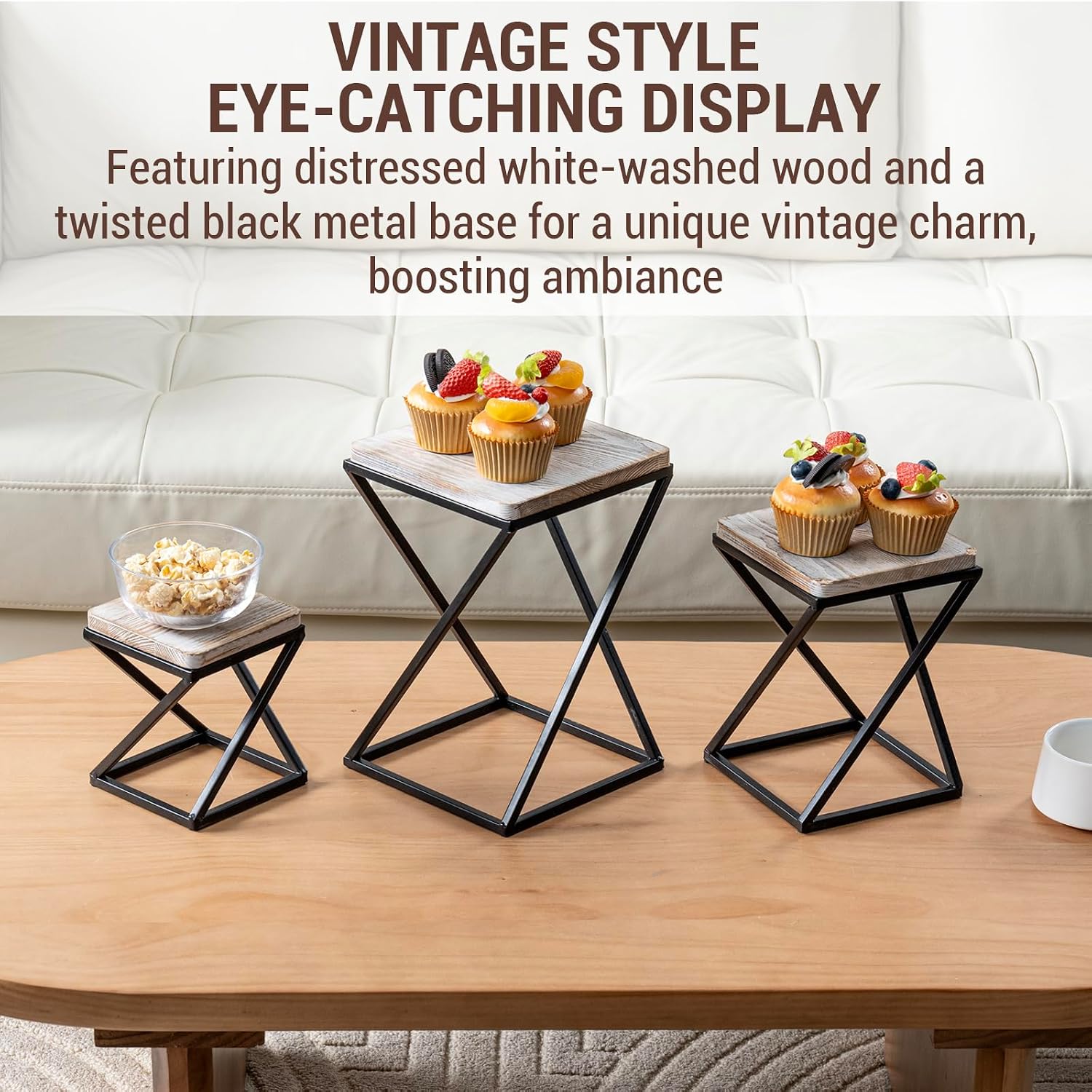 MyGift Shabby White Washed Solid Wood Square Tiered Food Display Table Risers with Twisting Black Metal Base, Wooden Nesting Dessert Holder Cupcake Tray Cake Stand, 3 Piece Set