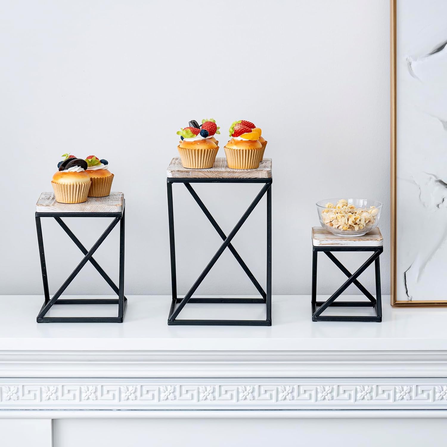 MyGift Shabby White Washed Solid Wood Square Tiered Food Display Table Risers with Twisting Black Metal Base, Wooden Nesting Dessert Holder Cupcake Tray Cake Stand, 3 Piece Set