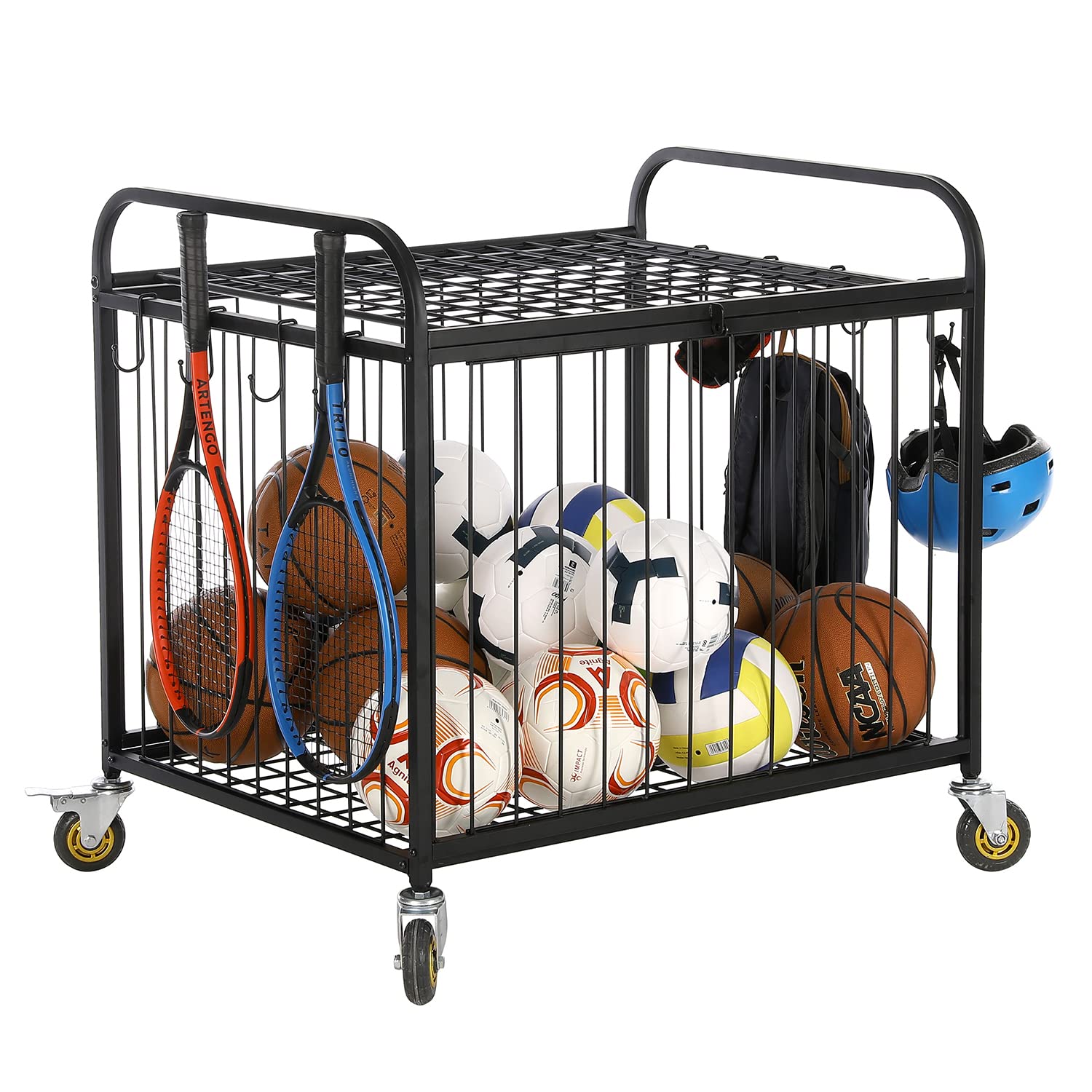 MyGift Large Capacity Metal Rolling Multi Sports Ball Cage Storage Hopper, Gym Equipment Basket Cart with Lockable Latch, Heavy Duty Caster Wheels, and 8 Accessory Hooks Black
