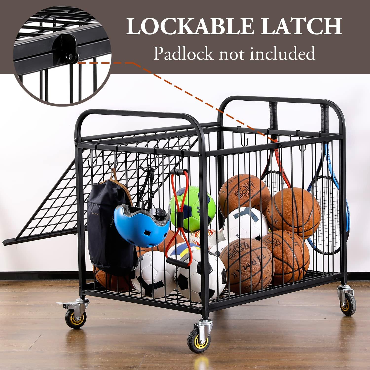 MyGift Large Capacity Metal Rolling Multi Sports Ball Cage Storage Hopper, Gym Equipment Basket Cart with Lockable Latch, Heavy Duty Caster Wheels, and 8 Accessory Hooks Black