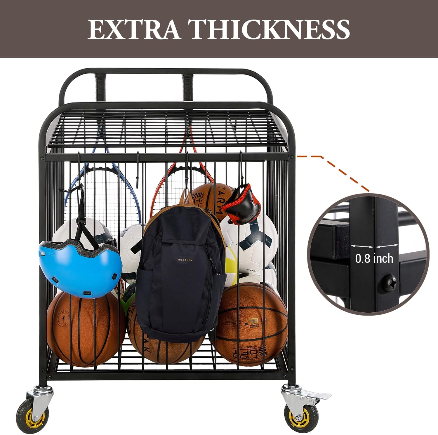 MyGift Large Capacity Metal Rolling Multi Sports Ball Cage Storage Hopper, Gym Equipment Basket Cart with Lockable Latch, Heavy Duty Caster Wheels, and 8 Accessory Hooks Black