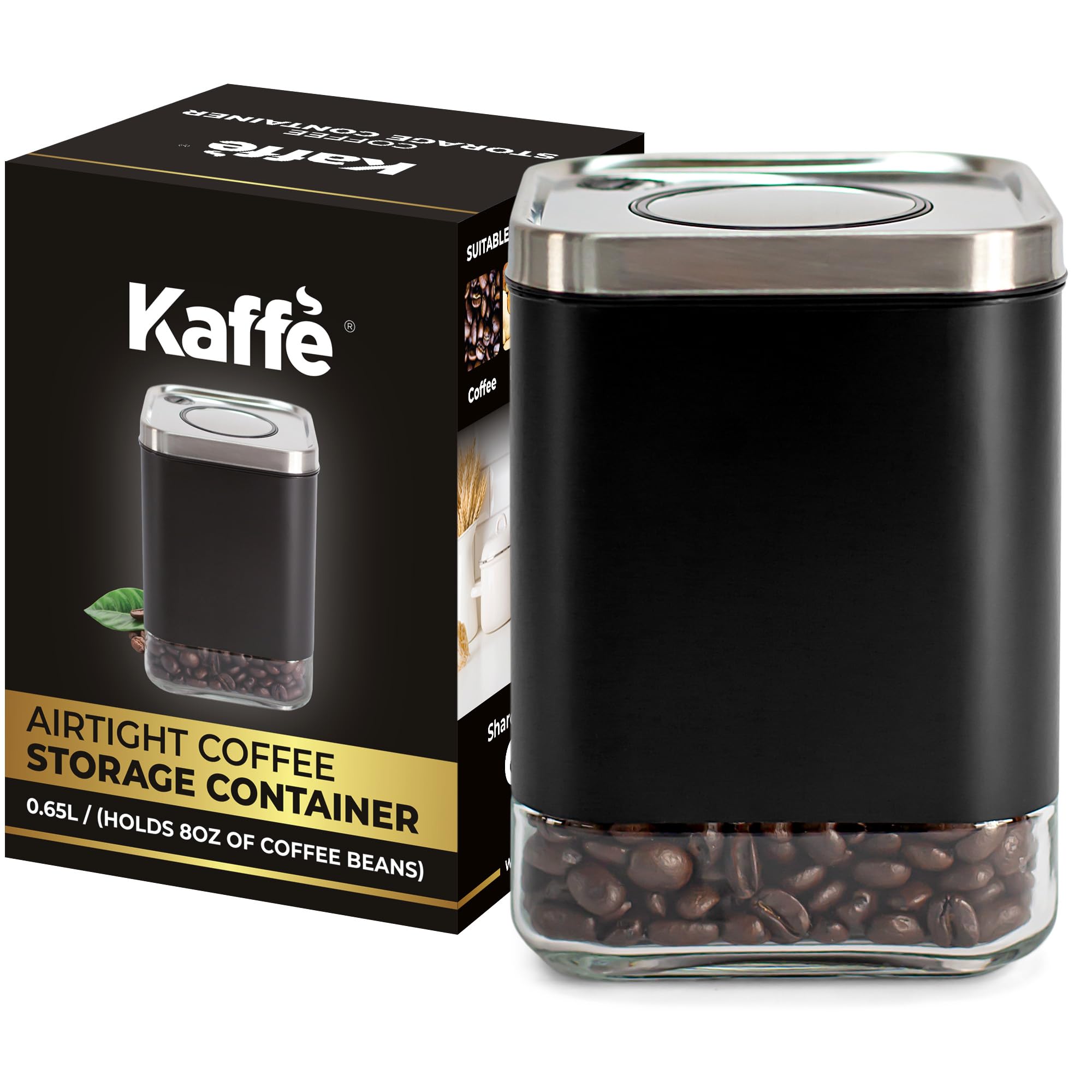 Kaffe Coffee Canister, Perfect Coffee Container Airtight, Smart Coffee Canister for Ground Coffee, Glass Jar, (16oz)