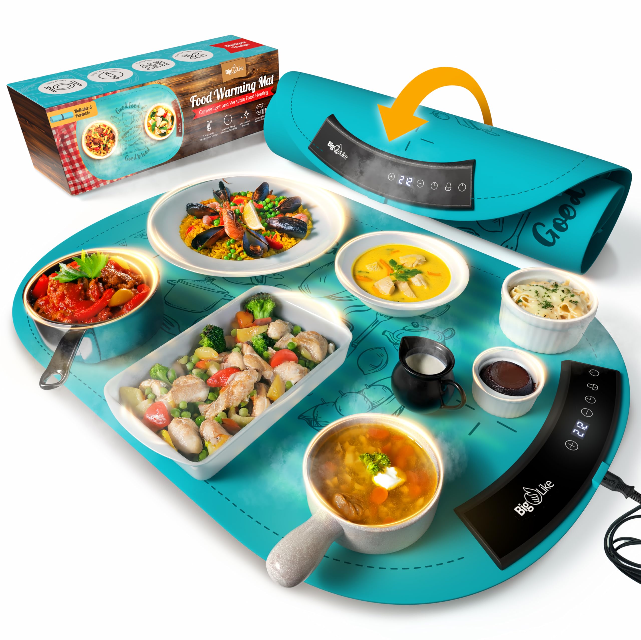 Warming Mat for Food - Full Surface Fast Heating Food Warming Mats for Countertop, 7 Temp Settings Pad, Silicone Electric Warmer Tray, Roll Up Portable Heating Trays for Buffets Party