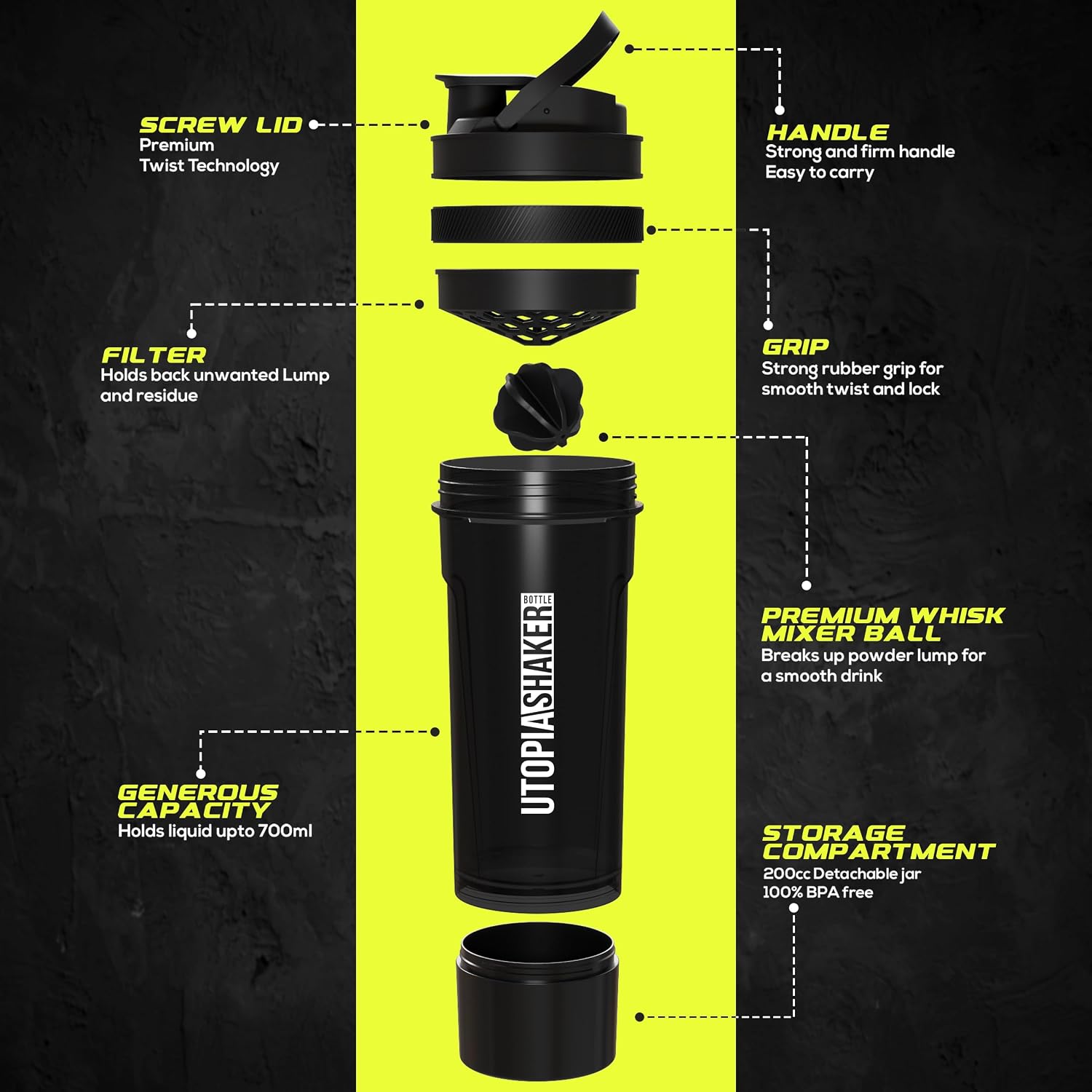 Utopia Home Shaker Bottle 2 Pack - 24 Ounce Plastic Protein or Cocktail Shaker Bottle for Pre & Post workout with Twist & Lock Protein Box Storage (Clear/Black)
