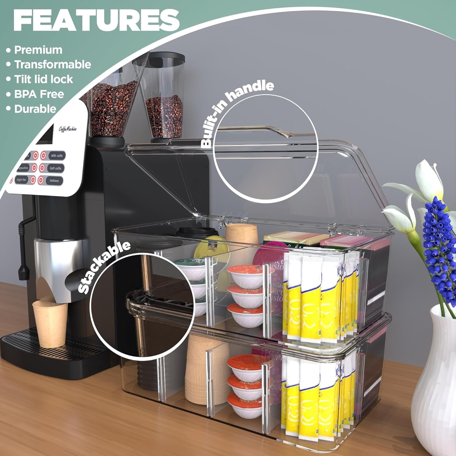 Utopia Home - Tea Bag Organizer With Lids, 2 Pack Clear Pantry Storage Box - Stackable Partition Organizers or Holder With Lids For Drawers, Countertops, Fridge, Kitchen, Snack & Spice Organization