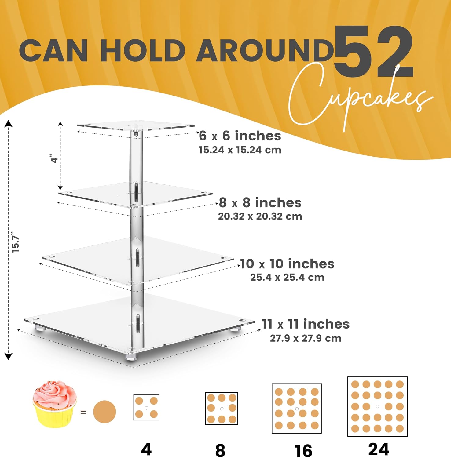 Utopia Home - Square Acrylic Cupcake Stand with Red LED Light Strings - 4 Tier Premium Cupcake Tower - Cup Cake Tier Stand for Dessert Table - Ideal for Weddings Birthday Parties