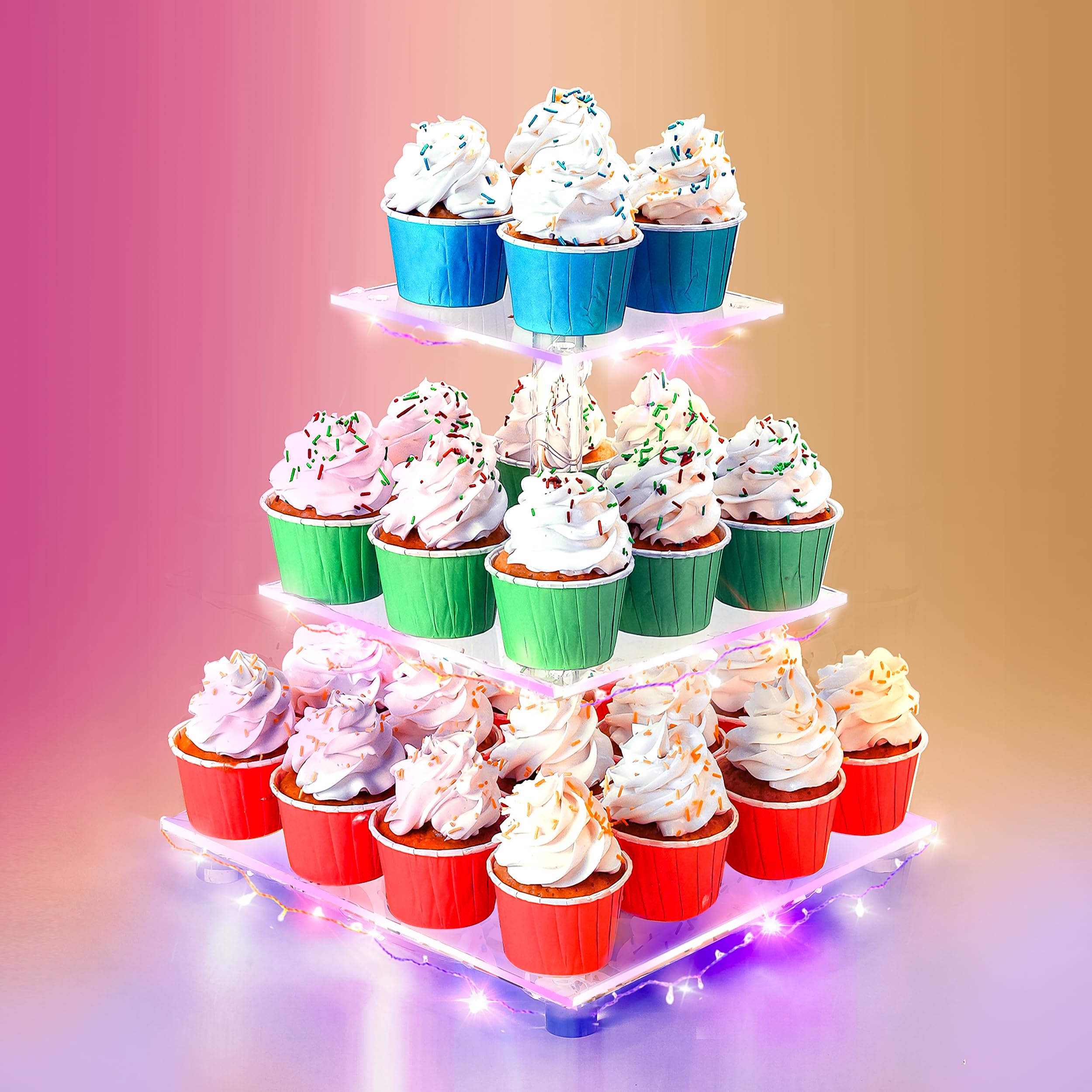 Utopia Home Square Cupcake Stand - Premium Cupcake Holder - Acrylic Cupcake Tower Display - Cady Bar Party D cor + LED Light String - Ideal for Weddings, Birthday Parties (3 Tier, Multi Color)