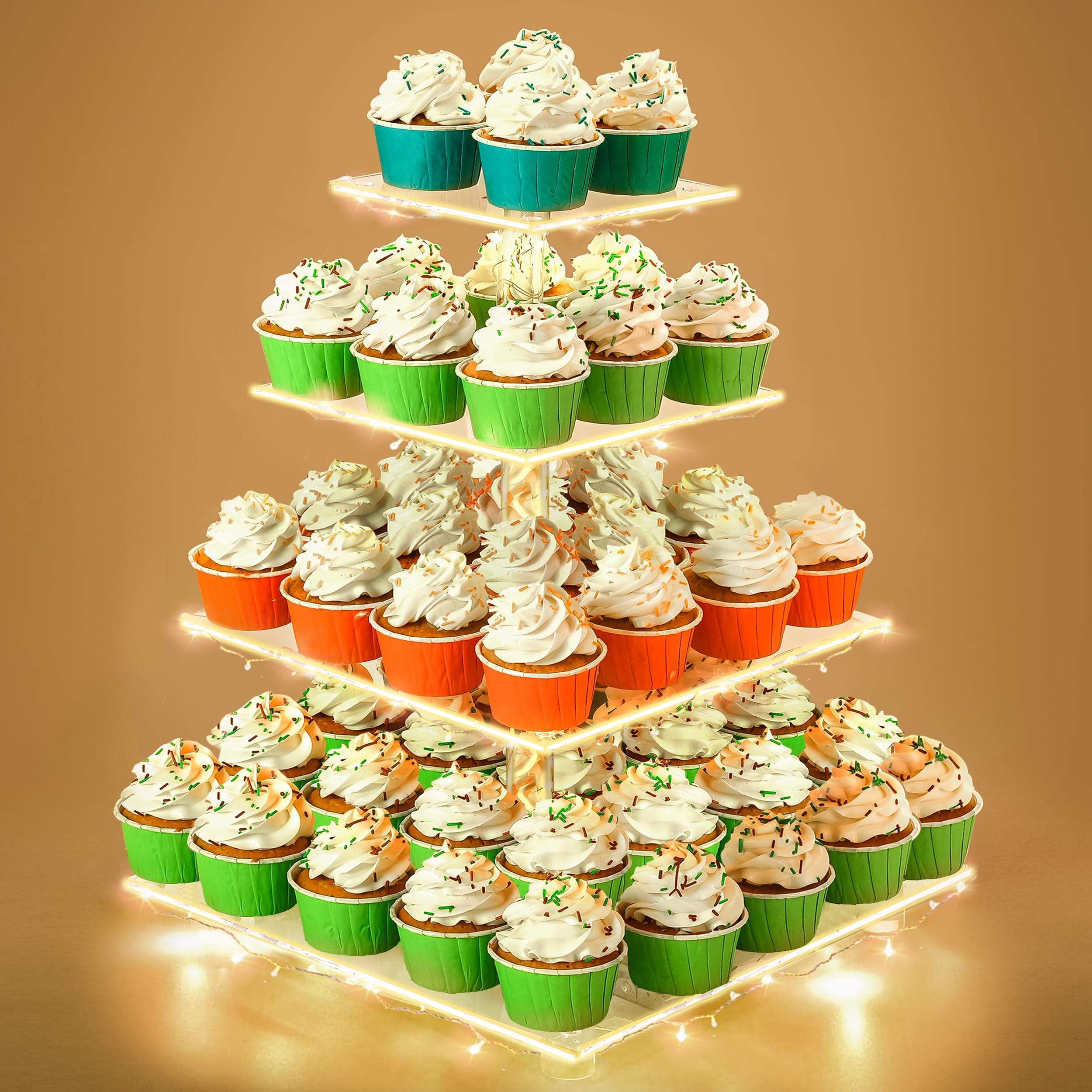Utopia Home - Square Acrylic Cupcake Stand with Multi LED Light Strings - 4 Tier Premium Cupcake Tower - Cup Cake Tier Stand for Dessert Table - Ideal for Weddings Birthday Parties