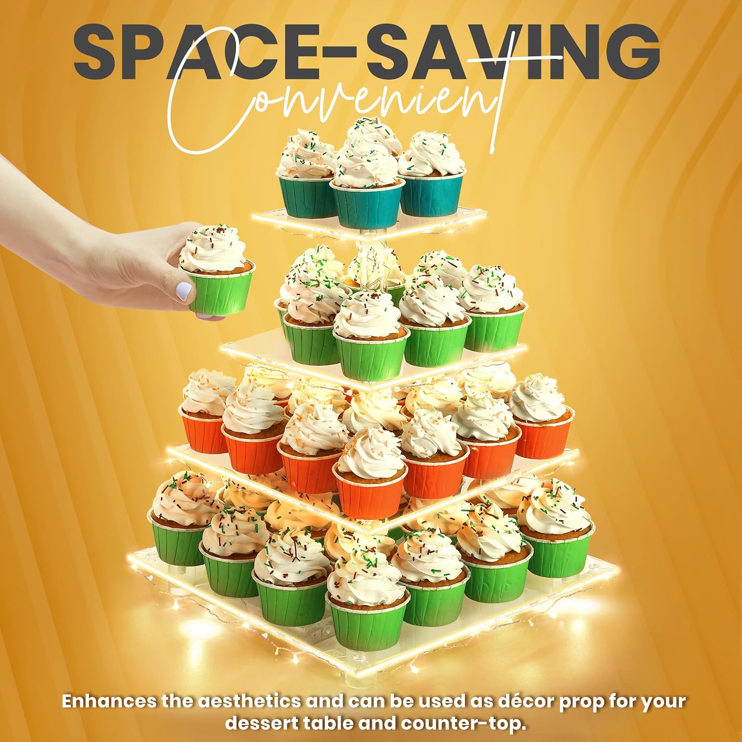 Utopia Home - Square Acrylic Cupcake Stand with Multi LED Light Strings - 4 Tier Premium Cupcake Tower - Cup Cake Tier Stand for Dessert Table - Ideal for Weddings Birthday Parties