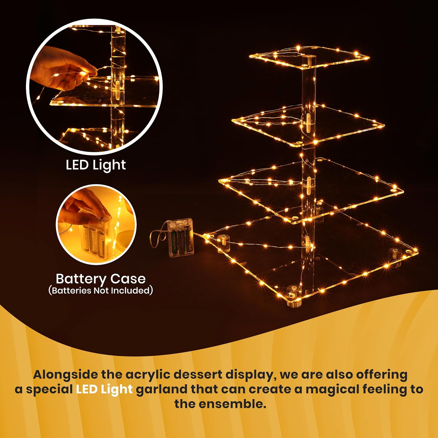 Utopia Home - Square Acrylic Cupcake Stand with Multi LED Light Strings - 4 Tier Premium Cupcake Tower - Cup Cake Tier Stand for Dessert Table - Ideal for Weddings Birthday Parties