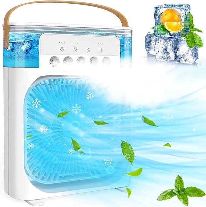 Mini Desktop Cooling Misting Fan, 1/2/3 H Timer, 3 Speeds, 360Adjustment,for Office, Home, Room, Desk, Car - White