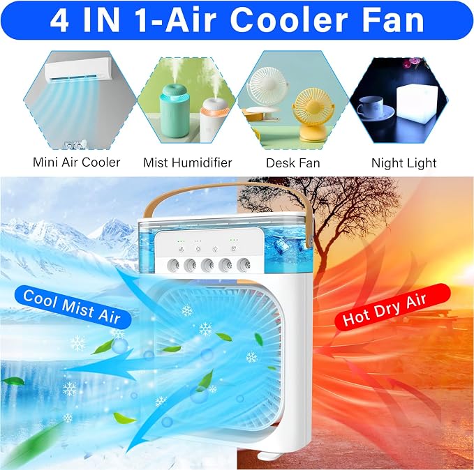 Mini Desktop Cooling Misting Fan, 1/2/3 H Timer, 3 Speeds, 360Adjustment,for Office, Home, Room, Desk, Car - White