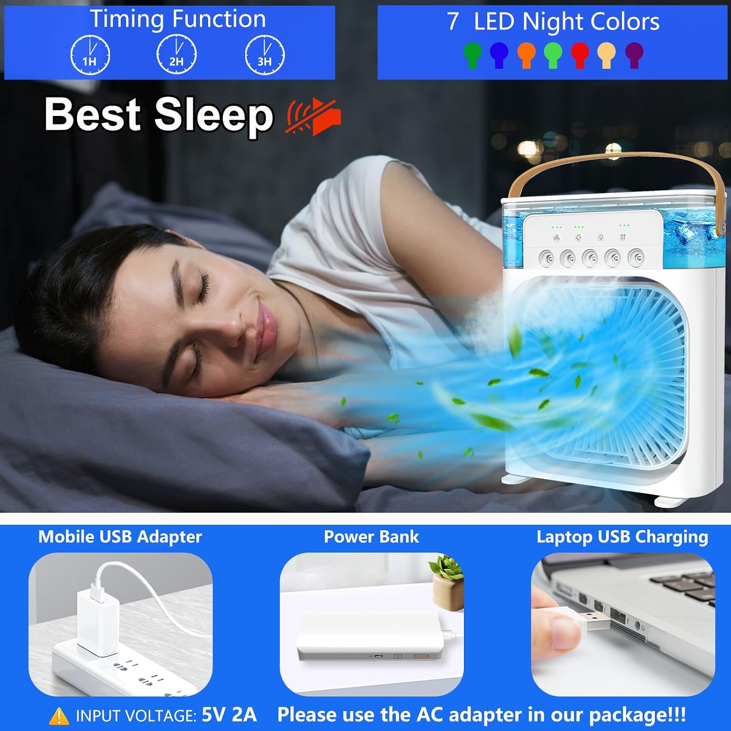 Mini Desktop Cooling Misting Fan, 1/2/3 H Timer, 3 Speeds, 360Adjustment,for Office, Home, Room, Desk, Car - White