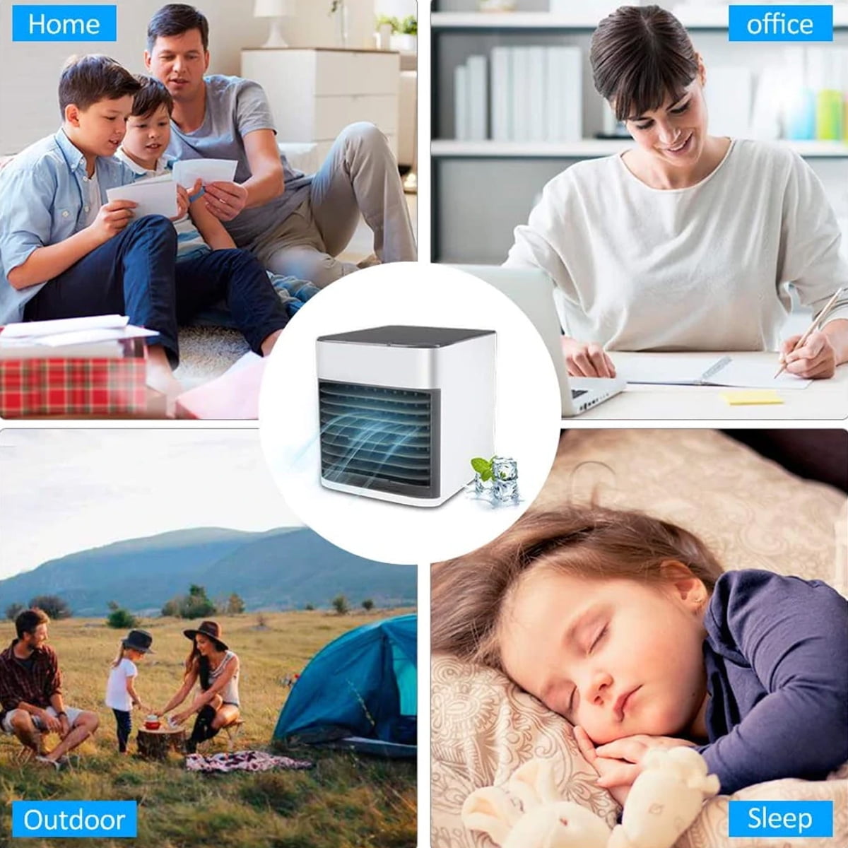 Portable Air Conditioner Fan, Personalized Climate Control, Extended Cooling Capability 3-in-1 USB Desktop Air conditioner with 7 Led Light Colors, Black/Grey
