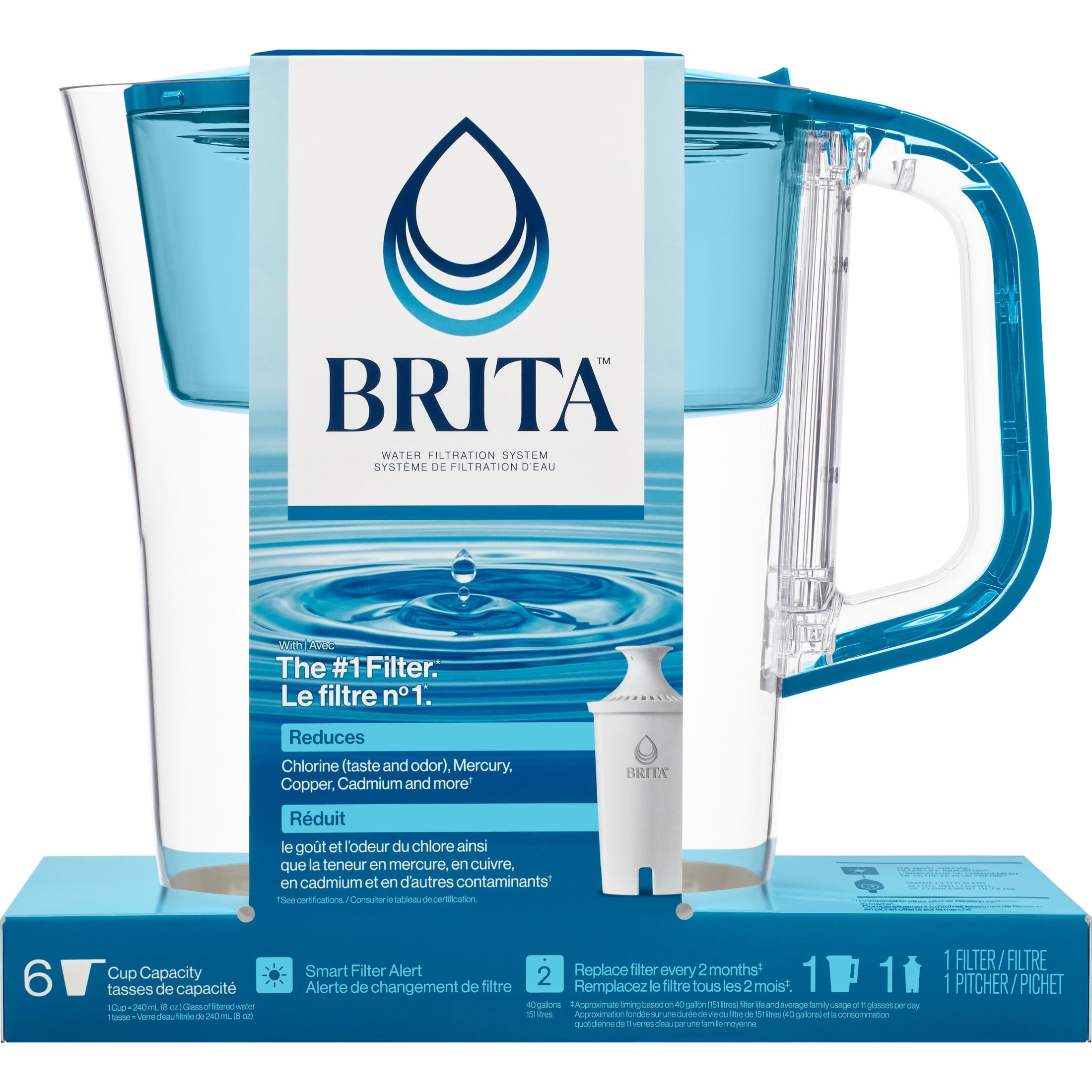 Brita Small 6 Cup Denali Water Filter Pitcher with 1 Brita Standard Filter, Made Without BPA, Mazarine Blue