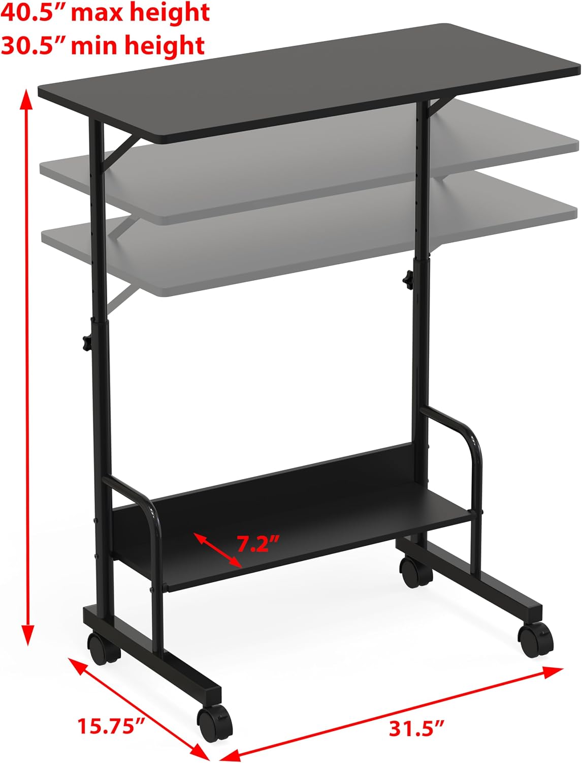 Height Adjustable Mobile Standing Desk Laptop Workstation for Walking Pad Treadmill, 30.5" to 40.5" Black