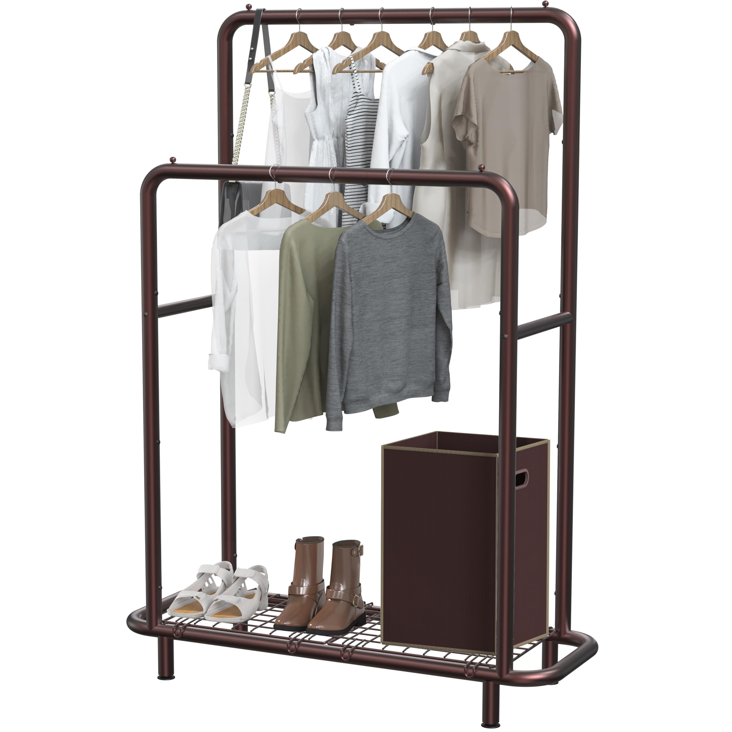 Simple Houseware Double Rod Clothing Garment Rack with Industrial Pipe and Bottom Shelves, Bronze