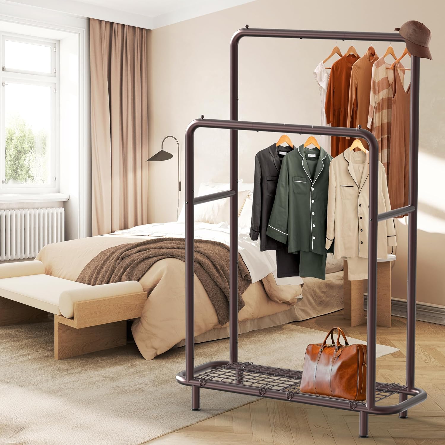 Simple Houseware Double Rod Clothing Garment Rack with Industrial Pipe and Bottom Shelves, Bronze
