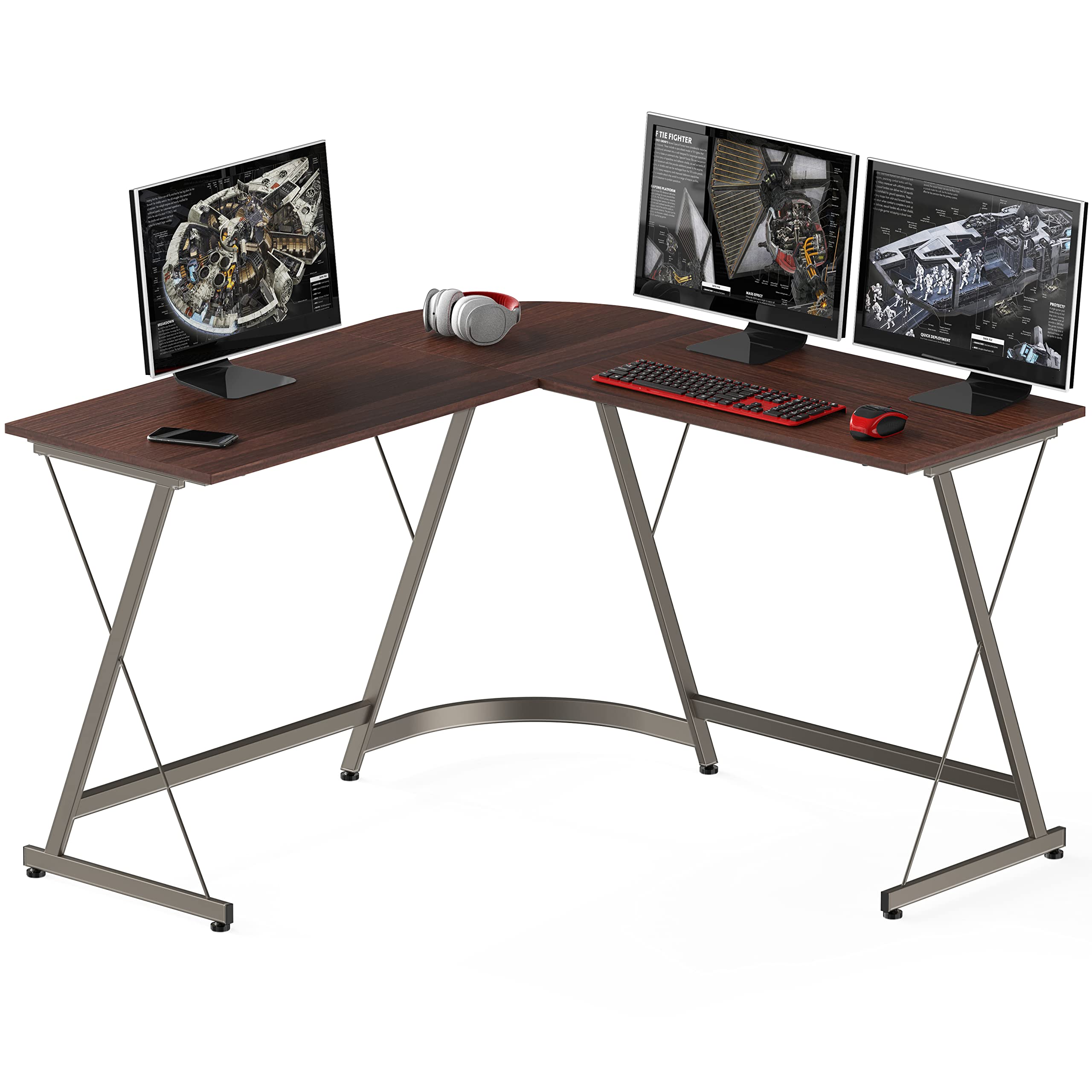 L-Shaped Computer Gaming Desk, 51"D x 51"W x 28.5"H, Walnut