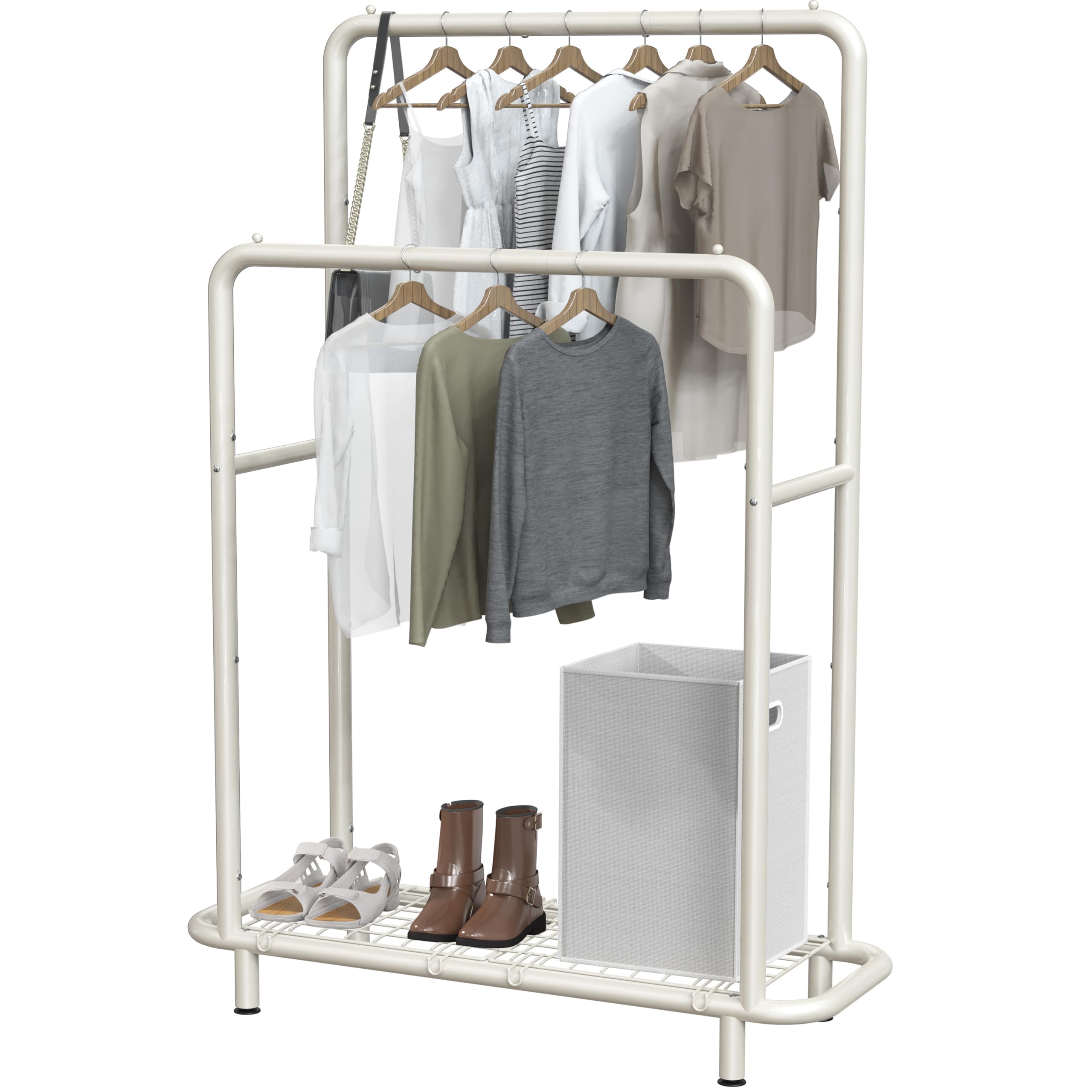 Simple Houseware Double Rod Clothing Garment Rack with Industrial Pipe and Bottom Shelves, White