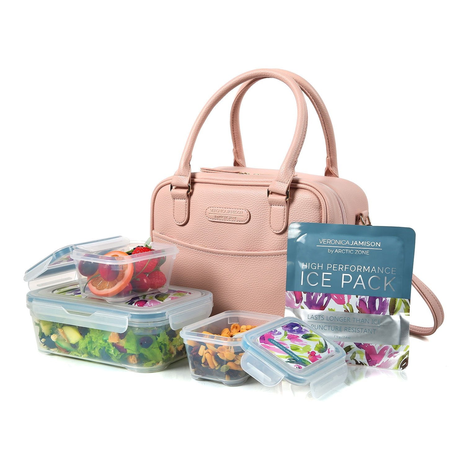 Veronica Jamison Hampton Faux Leather Lunch Tote by Arctic Zone, Lunch Bag with Food Storage & Ice Pack, Pink Pebbled